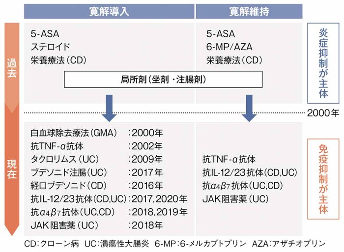 炎症性腸疾患の治療薬の過去と現在の画像